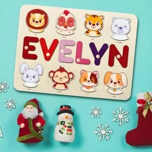Personalized Name Puzzle with Animals, Emerald Green Toddlers Christmas Gift